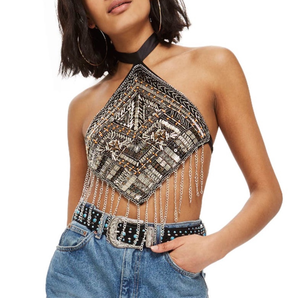 NWT Topshop Festival Fringe Bib Halter Neck Top